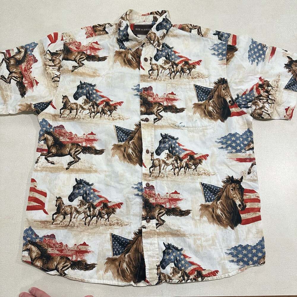 Vintage Bit & Bridle Men's Short Sleeve Button Down Horses American Flag